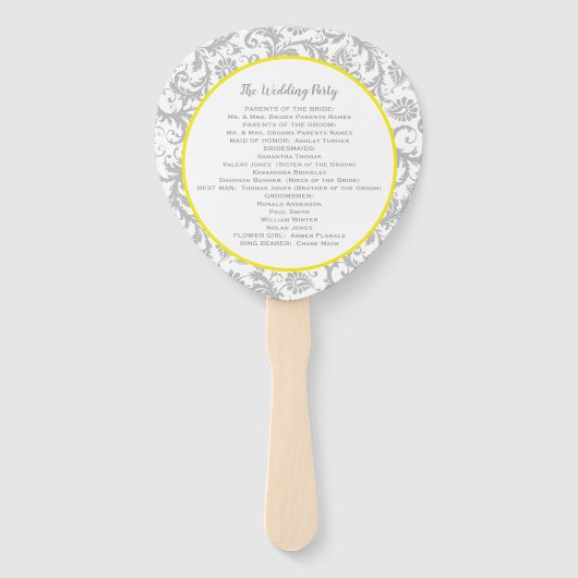 Éventail Programme de Mariage damassé jaune et gris du cana (Dos)