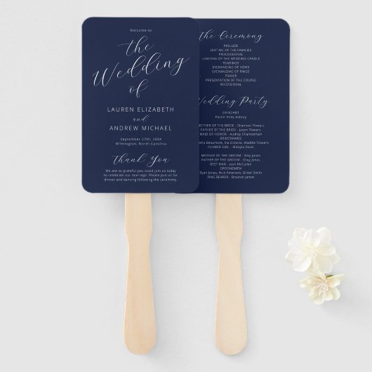 Éventail Programme de mariage de calligraphie moderne bleu (Devant et derrière)