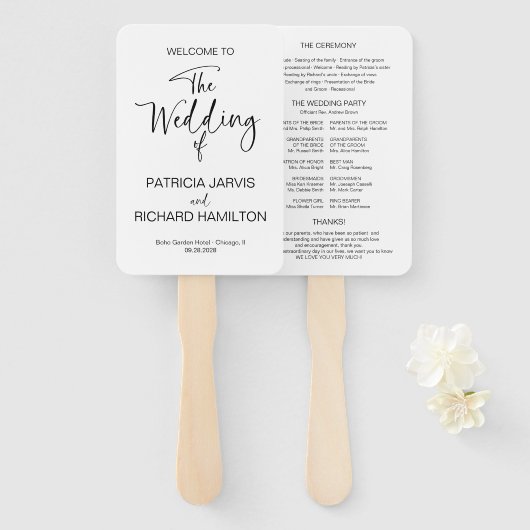 Éventail Programme de mariage de calligraphie moderne simpl (Devant et derrière)