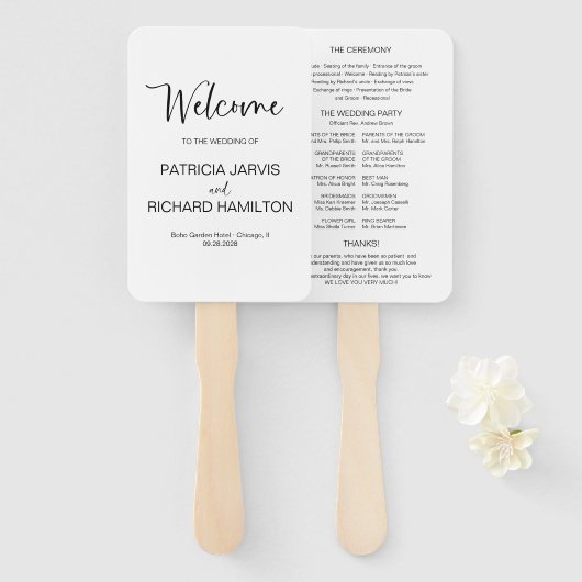 Éventail Programme de mariage de calligraphie moderne simpl (Devant et derrière)