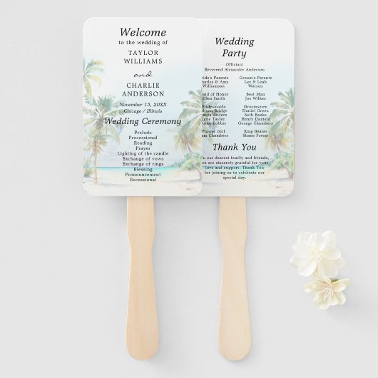 Éventail Programme de mariage de destination de plage tropi (Devant et derrière)