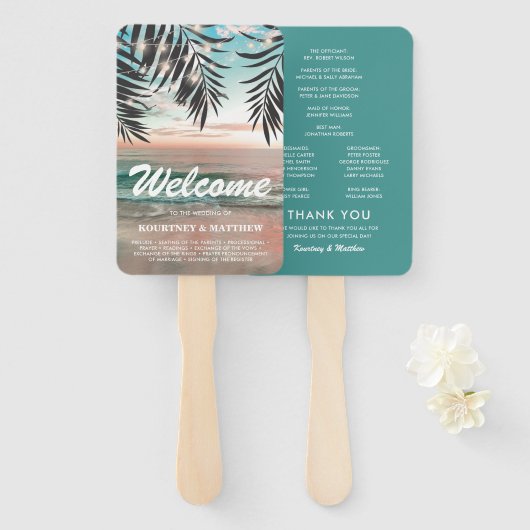 Éventail Programme de mariage de destination de plage tropi (Devant et derrière)