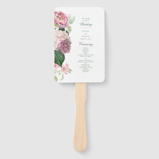 Éventail Programme de mariage de jardin de fleurs roses rom (Devant)