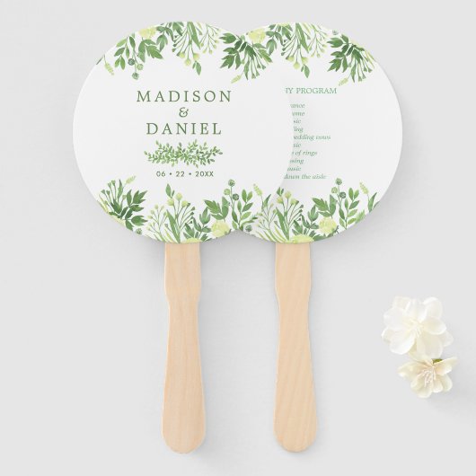 Éventail Programme de mariage de jardin floral verdure aqua (Devant et derrière)