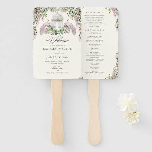 Éventail Programme de mariage de jardin rose élégant (Devant et derrière)