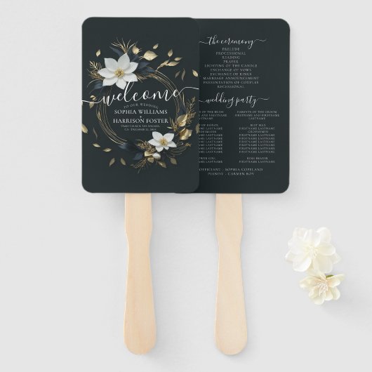 Éventail Programme de mariage de la couronne de fleurs noir (Devant et derrière)