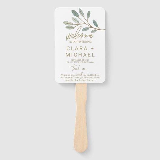 Éventail Programme de mariage de l'eucalyptus veiné or (Devant)