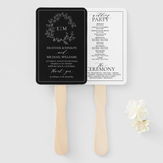 Éventail Programme de mariage de Monogramme de Cimier blanc (Devant et derrière)