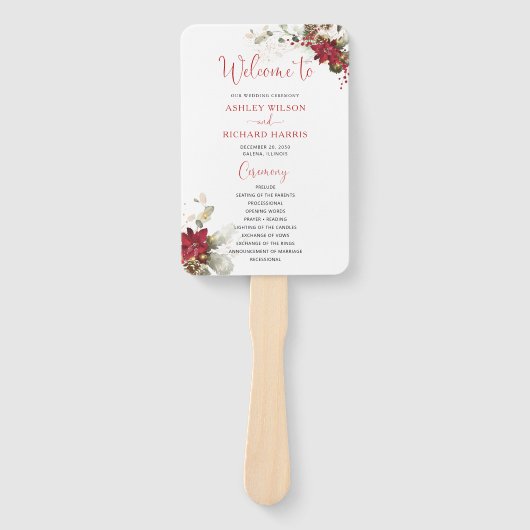 Éventail Programme de mariage de Noël à fleurs rouges (Devant)