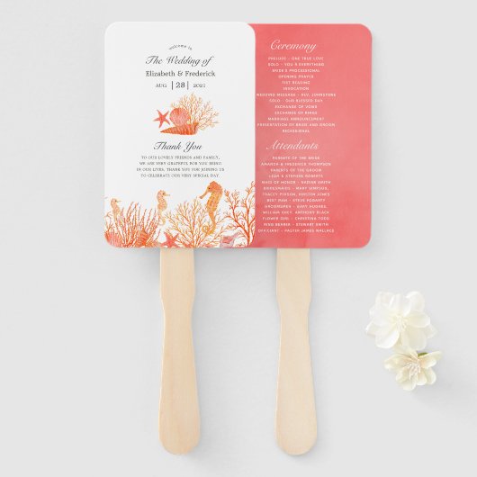 Éventail Programme de mariage de plage Corail Vivant à l'aq (Devant et derrière)