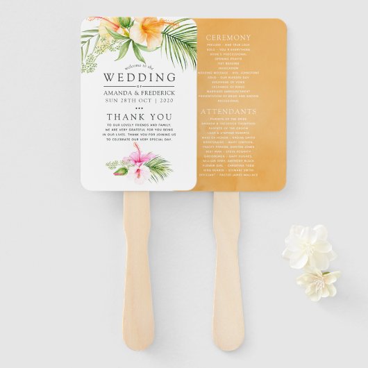 Éventail Programme de mariage de plage florale tropicale à (Devant et derrière)
