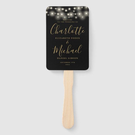 Éventail Programme de mariage de script Black Gold String (Devant)