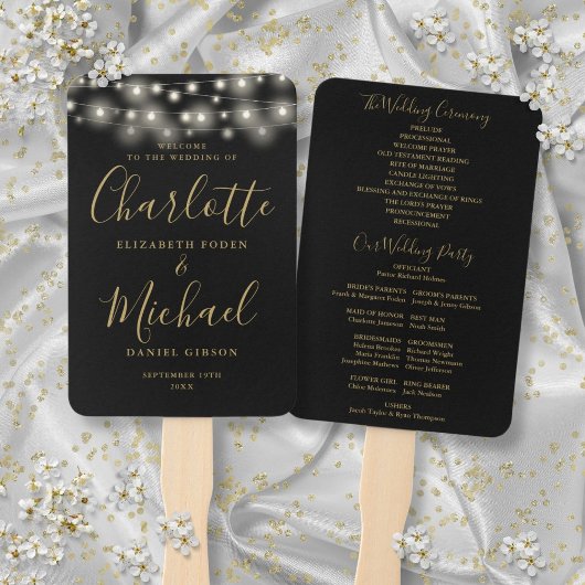 Éventail Programme de mariage de script Black Gold String