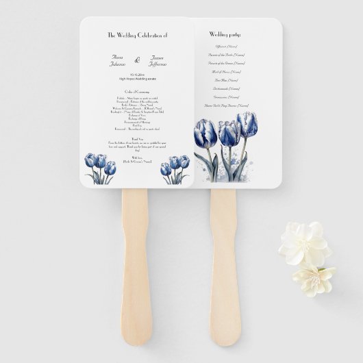Éventail Programme de mariage Delft Blue Tulip (Devant et derrière)