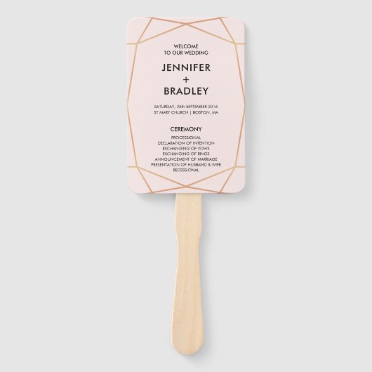 Éventail Programme de mariage des fans d'or du Rose géométr (Devant)