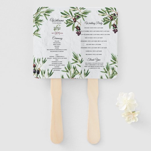 Éventail Programme de mariage des Feuilles grecs de l'olive (Devant et derrière)
