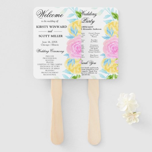 Éventail Programme de mariage des fleurs rose jaune (Devant et derrière)