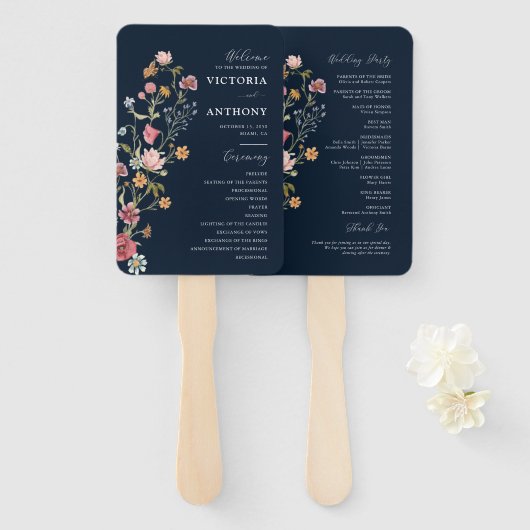 Éventail Programme de mariage des Fleurs sauvages bleus de (Devant et derrière)