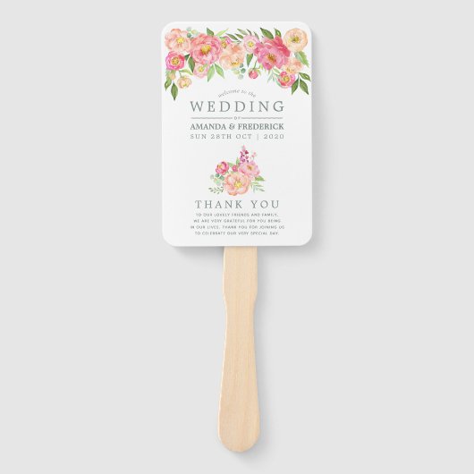 Éventail Programme de mariage des pivoines de l'aquarelle d (Devant)