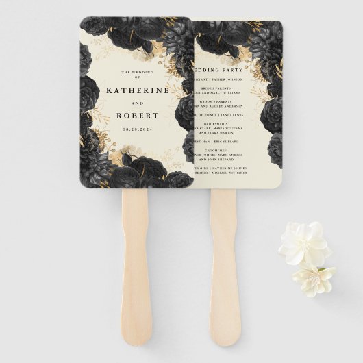 Éventail Programme de mariage des Roses noirs d'or (Devant et derrière)