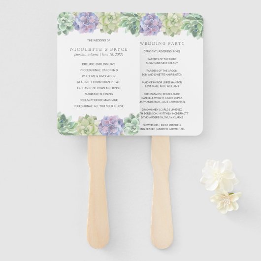 Éventail Programme de mariage des succulents verts et pourp (Devant et derrière)