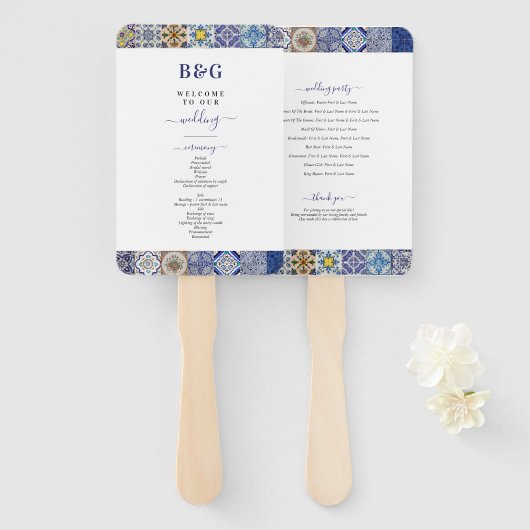 Éventail Programme de mariage des tuiles portugaises médite (Devant et derrière)