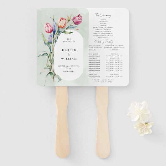 Éventail Programme de mariage des tulipes d'aquarelle (Devant et derrière)