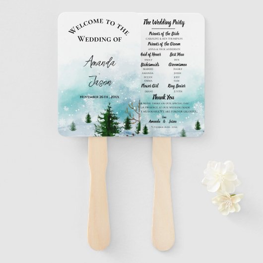 Éventail Programme de mariage d'hiver des flocons de neige  (Devant et derrière)