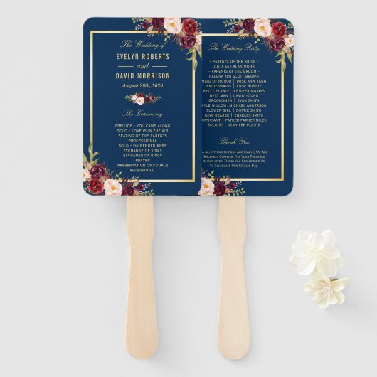 Éventail Programme de mariage d'or floral bleu Bourgogne de (Devant et derrière)