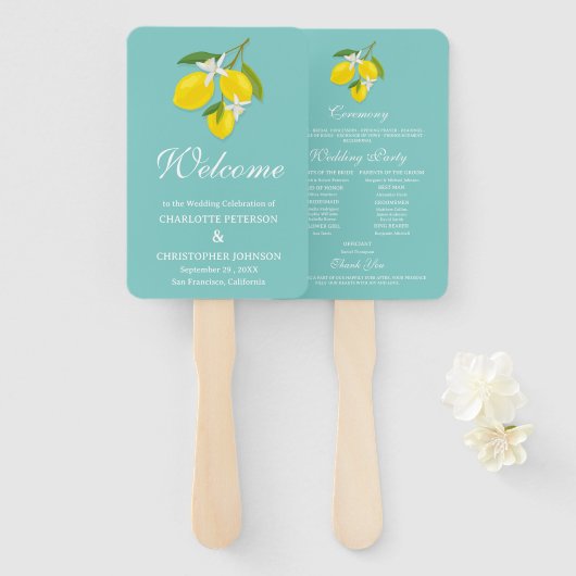 Éventail Programme de mariage du citron bleu et jaune (Devant et derrière)