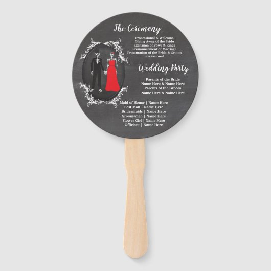 Éventail Programme de mariage du crâne Skeletons Chalk Red (Dos)