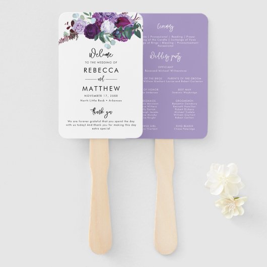 Éventail Programme de mariage du script d'aquarelle florale (Devant et derrière)