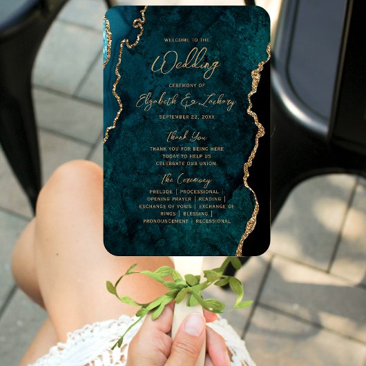 Éventail Programme de mariage écriture en agate bleu sarcel