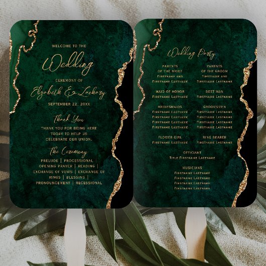 Éventail Programme de mariage écriture en or et agate vert 