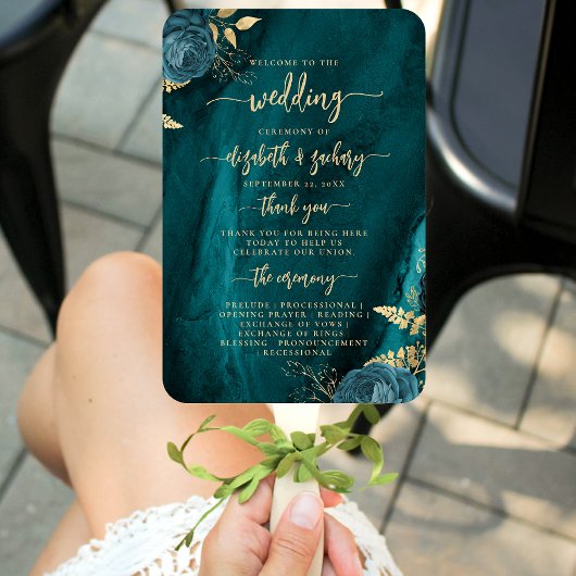 Éventail Programme de mariage élégant à fleurs en agate ble