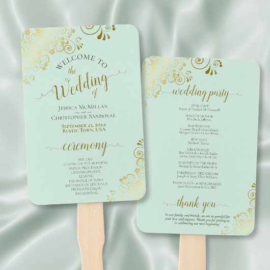 Éventail Programme de mariage élégant à la menthe verte et