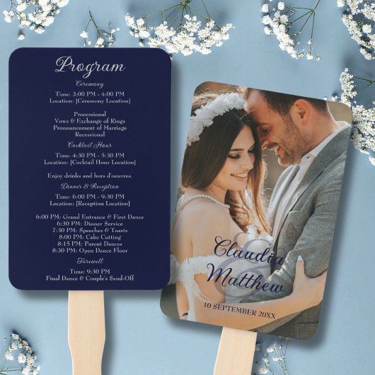 Éventail Programme de mariage élégant à l'écriture argentée
