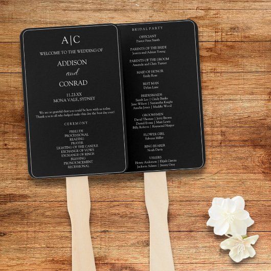 Éventail Programme de Mariage Élégant à Monogramme Noir