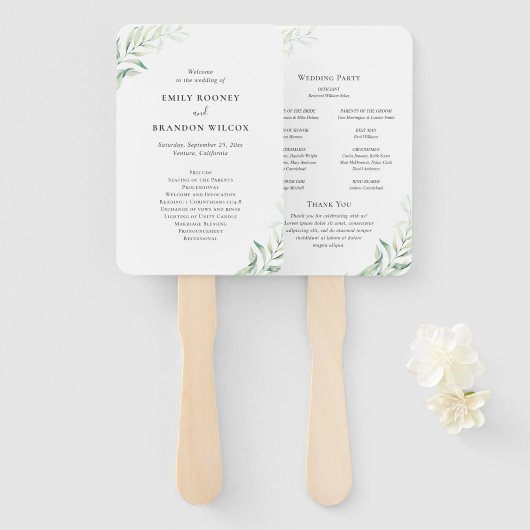 Éventail Programme de mariage élégant au eucalyptus vert sa (Devant et derrière)