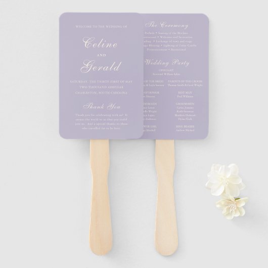 Éventail Programme de mariage élégant au lilas classique (Devant et derrière)