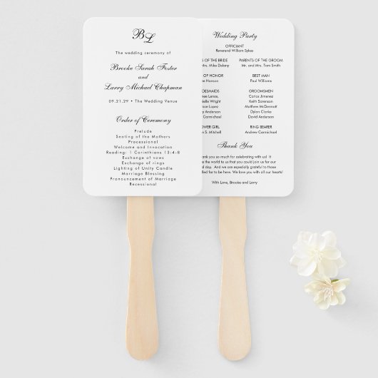 Éventail Programme de mariage élégant au monogramme classiq (Devant et derrière)