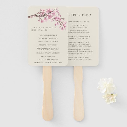 Éventail Programme de mariage élégant aux fleurs de cerisie (Devant et derrière)