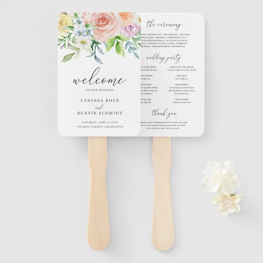 Éventail Programme de mariage élégant aux fleurs de pêche m (Devant et derrière)