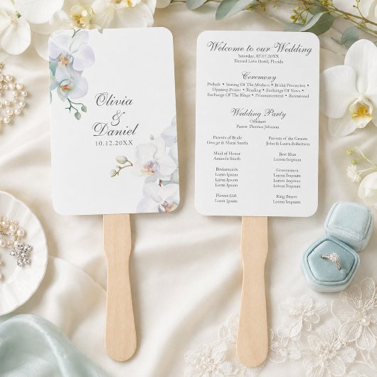 Éventail Programme de mariage élégant aux orchidées blanche