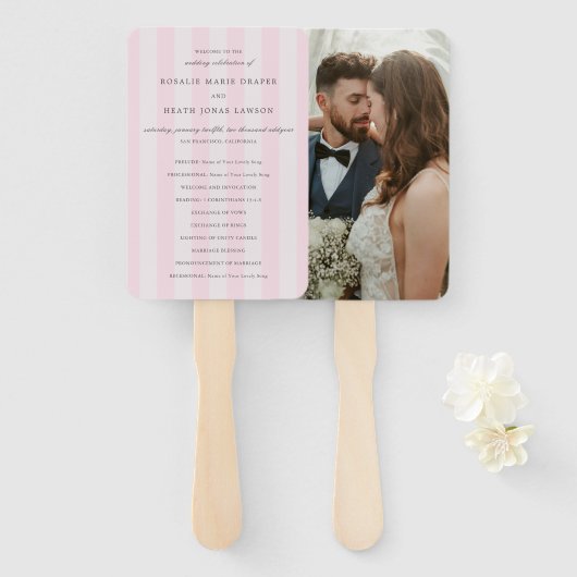 Éventail Programme de mariage élégant aux rayures roses mod (Devant et derrière)