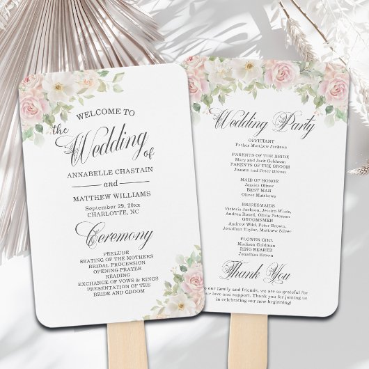 Éventail Programme de mariage élégant avec roses douces et