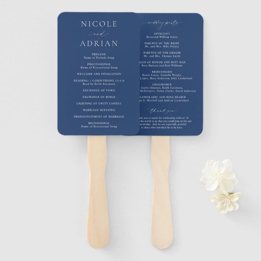 Éventail Programme de mariage élégant bleu marine classique (Devant et derrière)