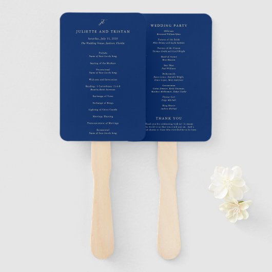 Éventail Programme de mariage élégant bleu marine et crème (Devant et derrière)