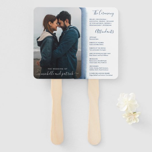 Éventail Programme de mariage élégant bleu marine photo mod (Devant et derrière)
