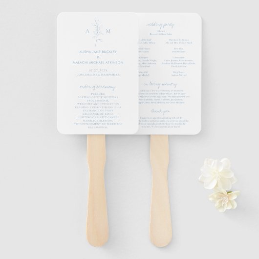Éventail Programme de mariage élégant botanique bleu poussi (Devant et derrière)